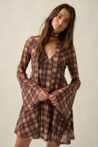 Tartan Time Plaid Mesh Bell-Sleeve Scarf Mini Dress - ShopPromesa