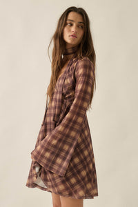 Tartan Time Plaid Mesh Bell-Sleeve Scarf Mini Dress - ShopPromesa