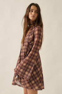 Tartan Time Plaid Mesh Bell-Sleeve Scarf Mini Dress - ShopPromesa