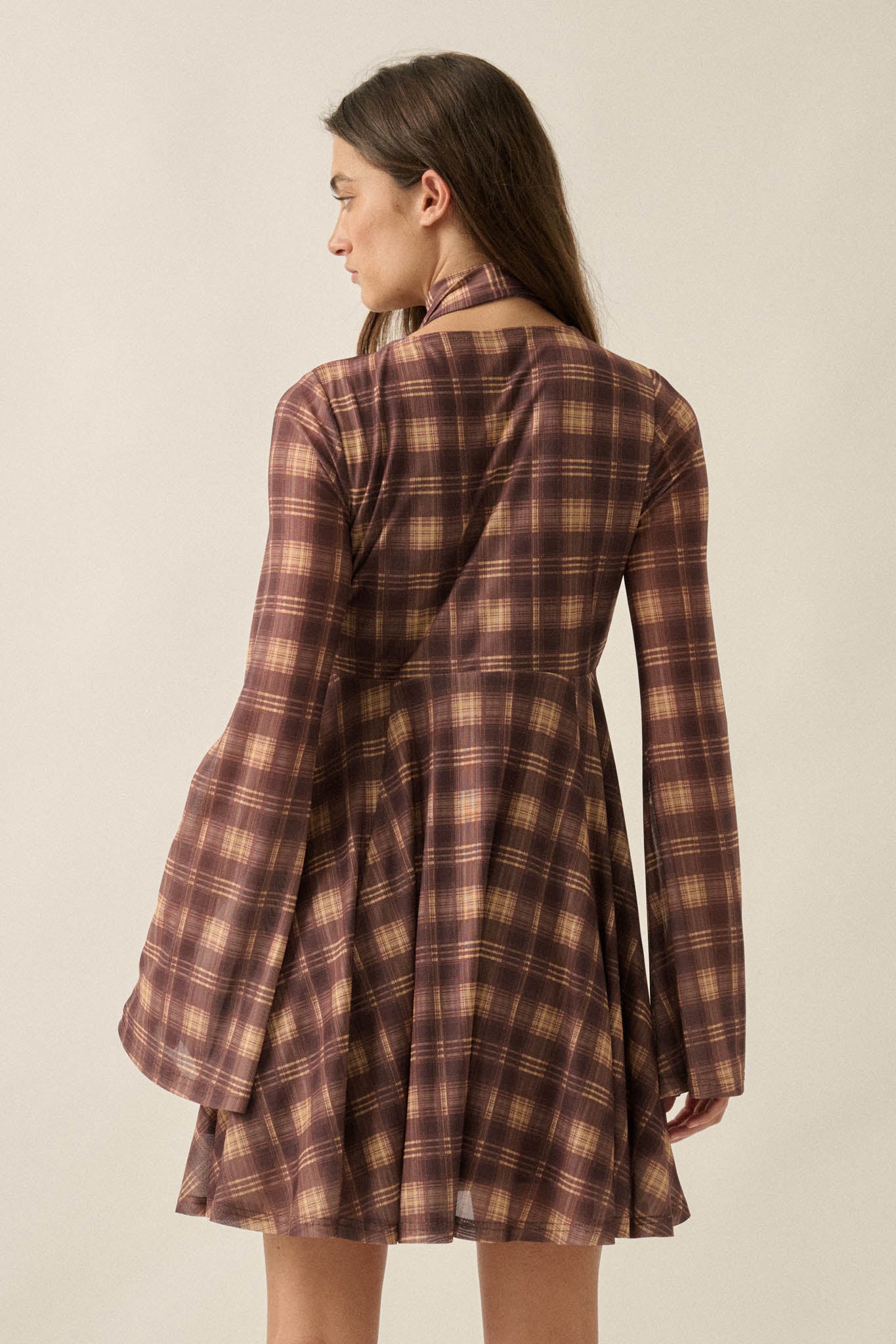 Tartan Time Plaid Mesh Bell-Sleeve Scarf Mini Dress - ShopPromesa
