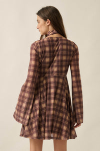 Tartan Time Plaid Mesh Bell-Sleeve Scarf Mini Dress - ShopPromesa
