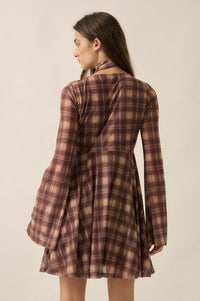 Tartan Time Plaid Mesh Bell-Sleeve Scarf Mini Dress - ShopPromesa