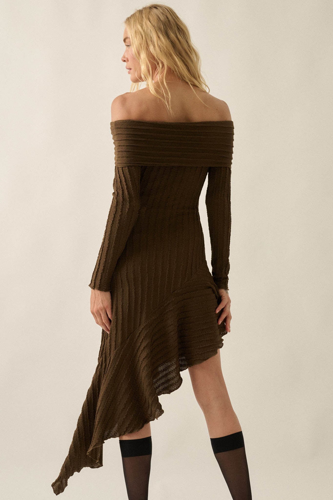 My Darling Bouclé-Knit Off Shoulder Asymmetrical Dress - ShopPromesa