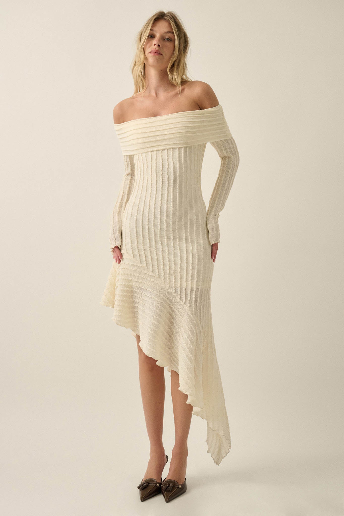 My Darling Bouclé-Knit Off Shoulder Asymmetrical Dress - ShopPromesa