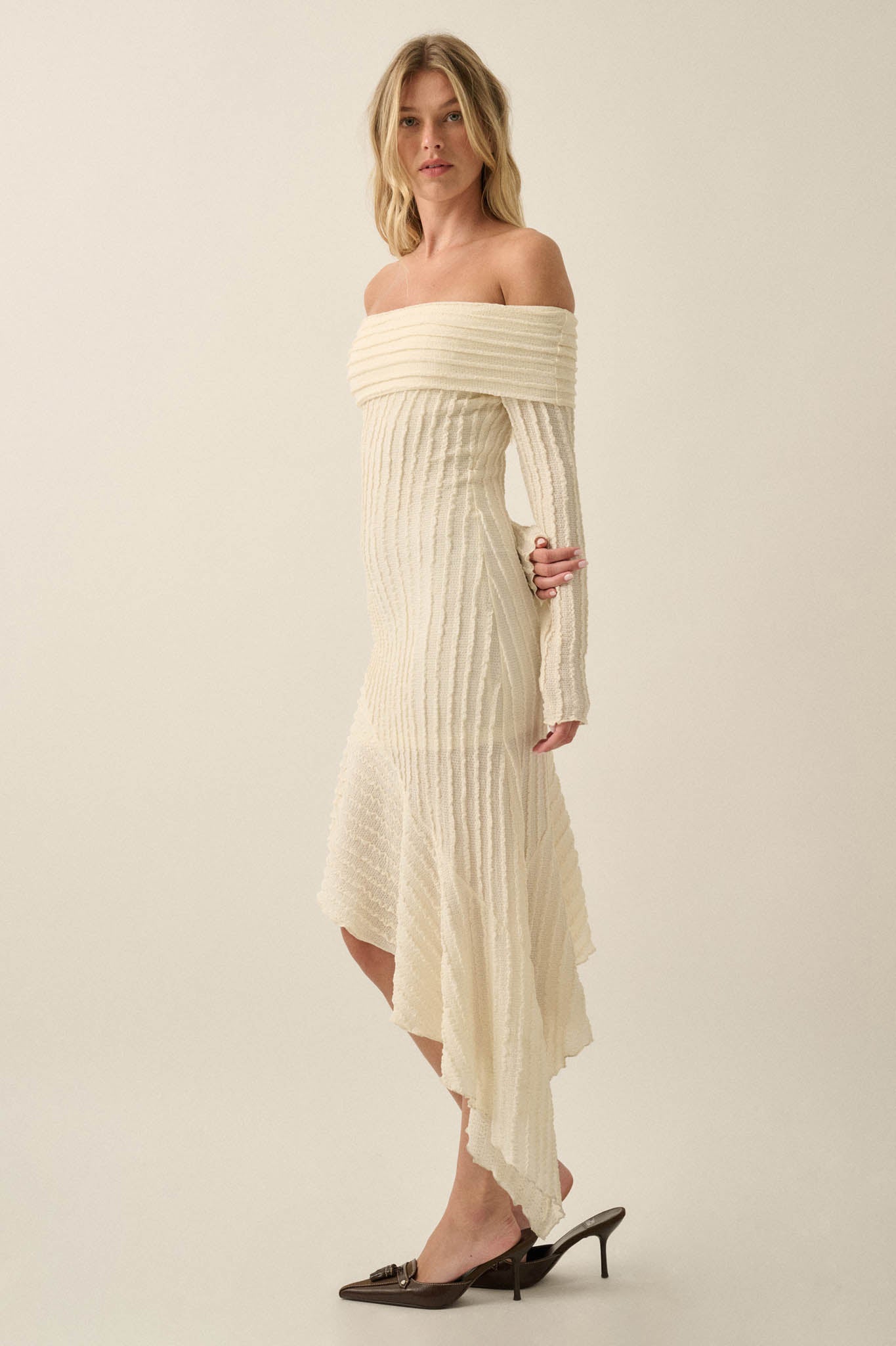 My Darling Bouclé-Knit Off Shoulder Asymmetrical Dress - ShopPromesa