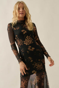 Bronze Garden Floral Mesh Mock-Neck Maxi Dress - ShopPromesa