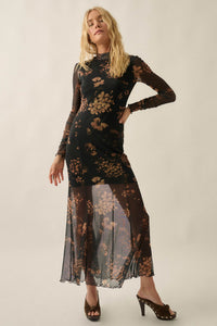 Bronze Garden Floral Mesh Mock-Neck Maxi Dress - ShopPromesa