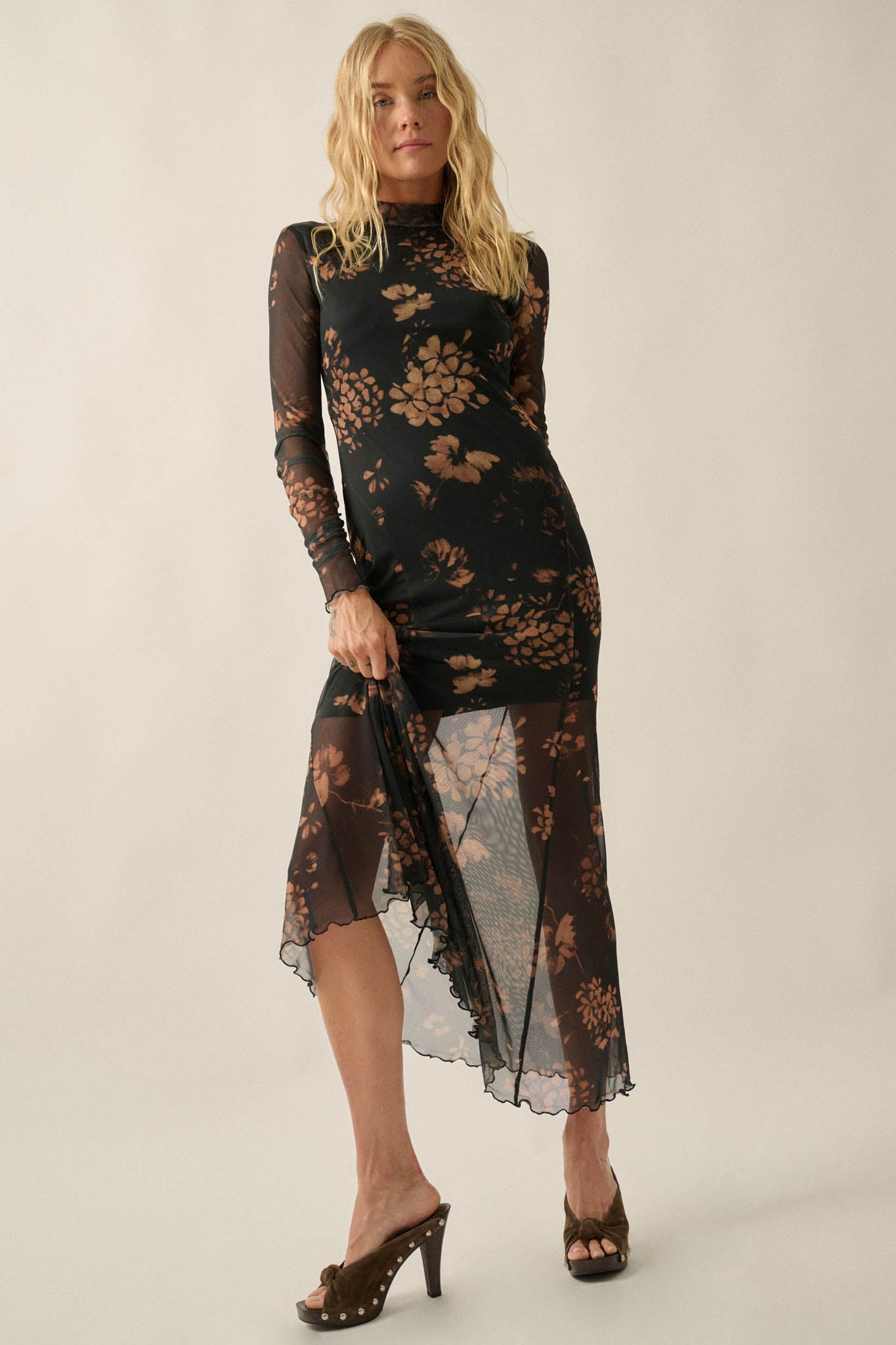 Bronze Garden Floral Mesh Mock-Neck Maxi Dress - ShopPromesa