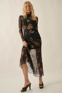 Bronze Garden Floral Mesh Mock-Neck Maxi Dress - ShopPromesa