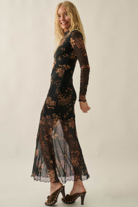 Bronze Garden Floral Mesh Mock-Neck Maxi Dress - ShopPromesa