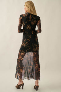 Bronze Garden Floral Mesh Mock-Neck Maxi Dress - ShopPromesa