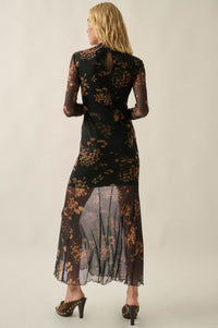 Bronze Garden Floral Mesh Mock-Neck Maxi Dress - ShopPromesa