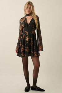 Amber Petals Floral Mesh Bell-Sleeve Scarf Mini Dress - ShopPromesa