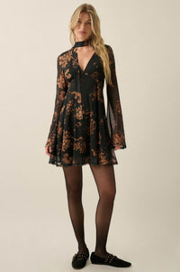 Amber Petals Floral Mesh Bell-Sleeve Scarf Mini Dress - ShopPromesa