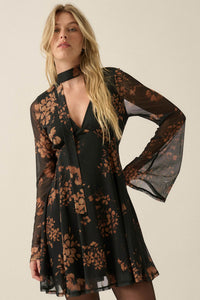 Amber Petals Floral Mesh Bell-Sleeve Scarf Mini Dress - ShopPromesa