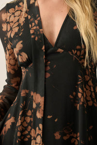 Amber Petals Floral Mesh Bell-Sleeve Scarf Mini Dress - ShopPromesa