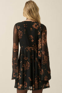 Amber Petals Floral Mesh Bell-Sleeve Scarf Mini Dress - ShopPromesa