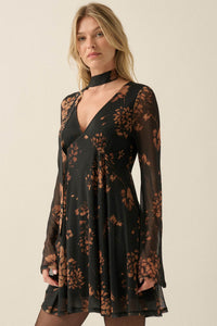 Amber Petals Floral Mesh Bell-Sleeve Scarf Mini Dress - ShopPromesa