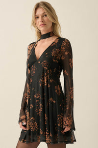 Amber Petals Floral Mesh Bell-Sleeve Scarf Mini Dress - ShopPromesa