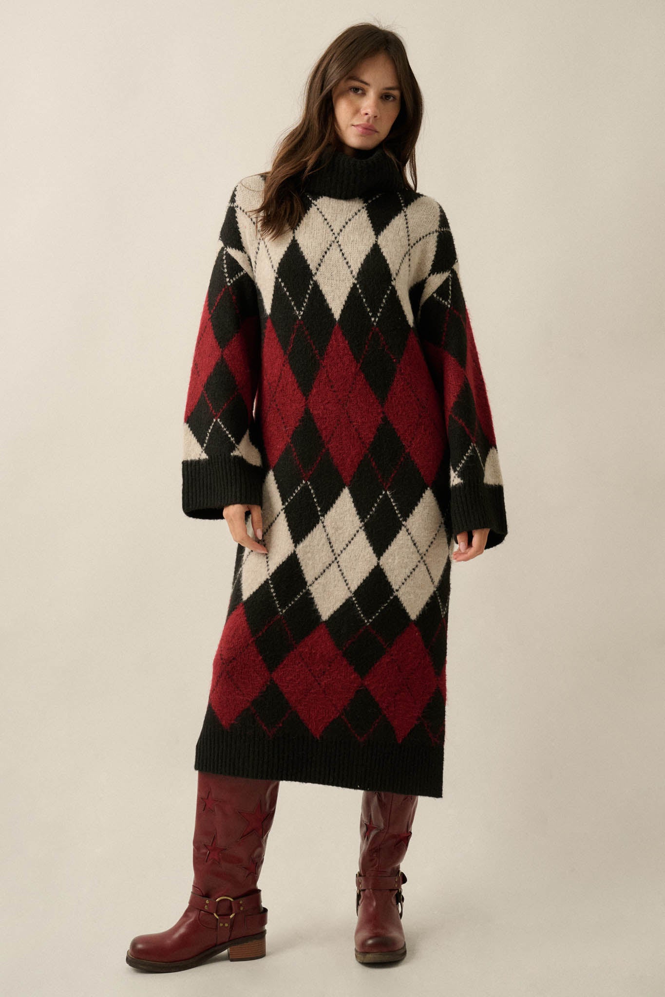 Diamond Trail Argyle Turtleneck Midi Sweater Dress