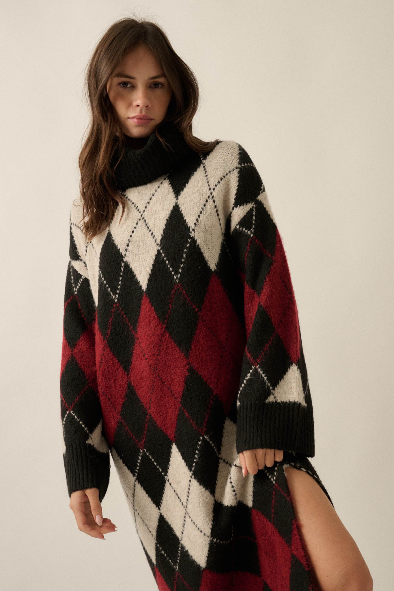 Diamond Trail Argyle Turtleneck Midi Sweater Dress