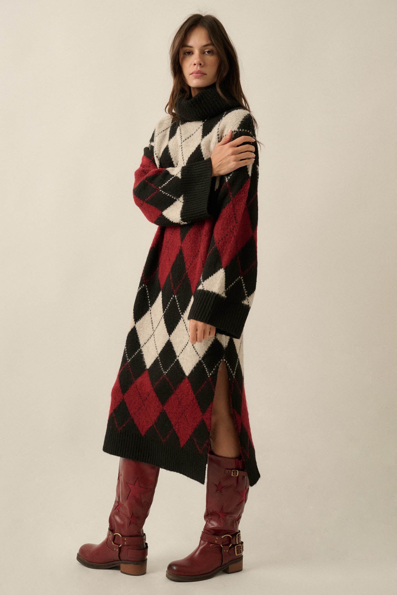 Diamond Trail Argyle Turtleneck Midi Sweater Dress