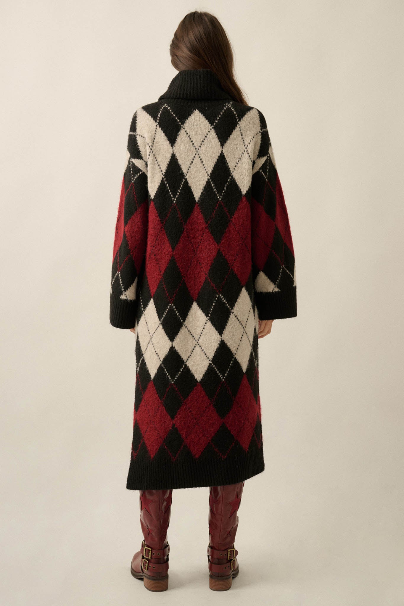 Diamond Trail Argyle Turtleneck Midi Sweater Dress