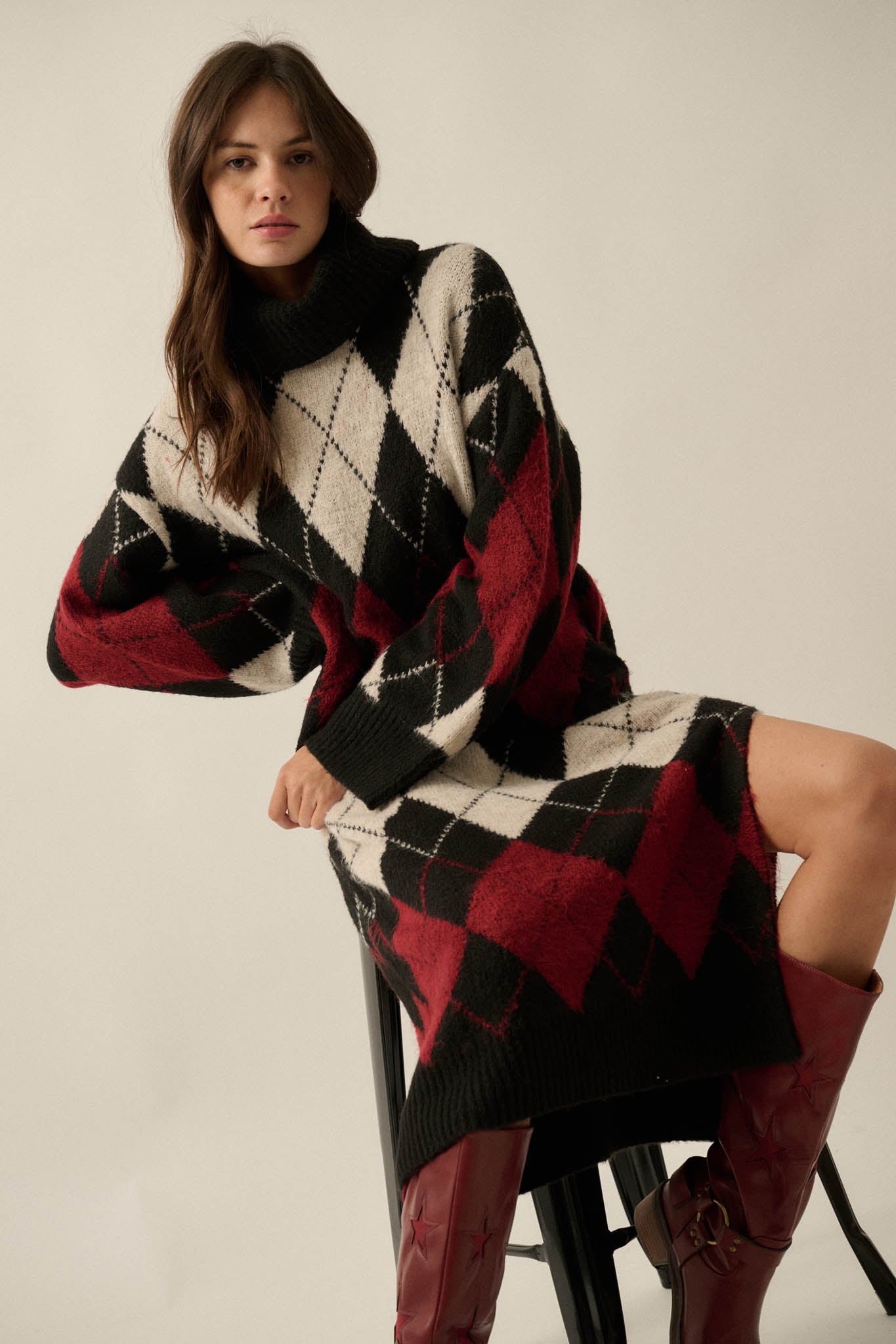 Diamond Trail Argyle Turtleneck Midi Sweater Dress