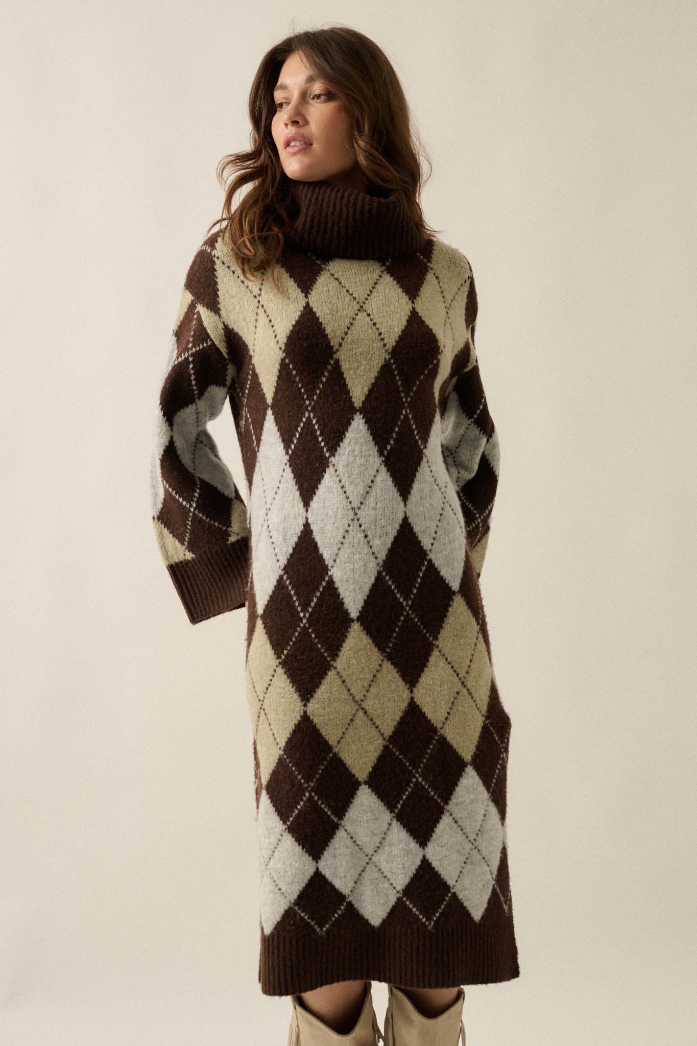 Diamond Trail Argyle Turtleneck Midi Sweater Dress - ShopPromesa