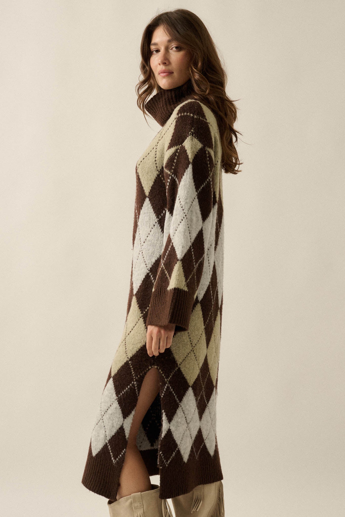 Diamond Trail Argyle Turtleneck Midi Sweater Dress - ShopPromesa