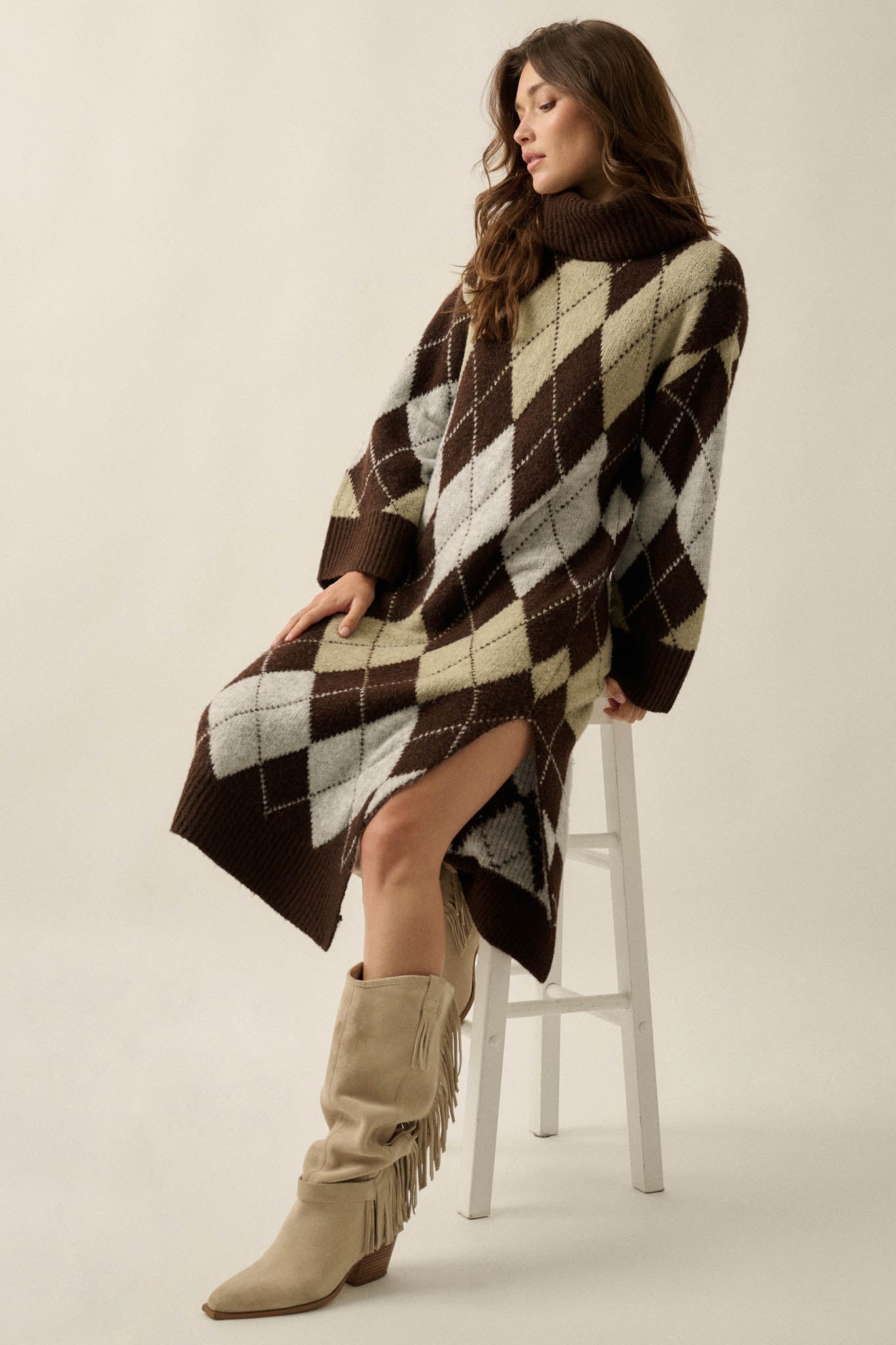 Diamond Trail Argyle Turtleneck Midi Sweater Dress - ShopPromesa