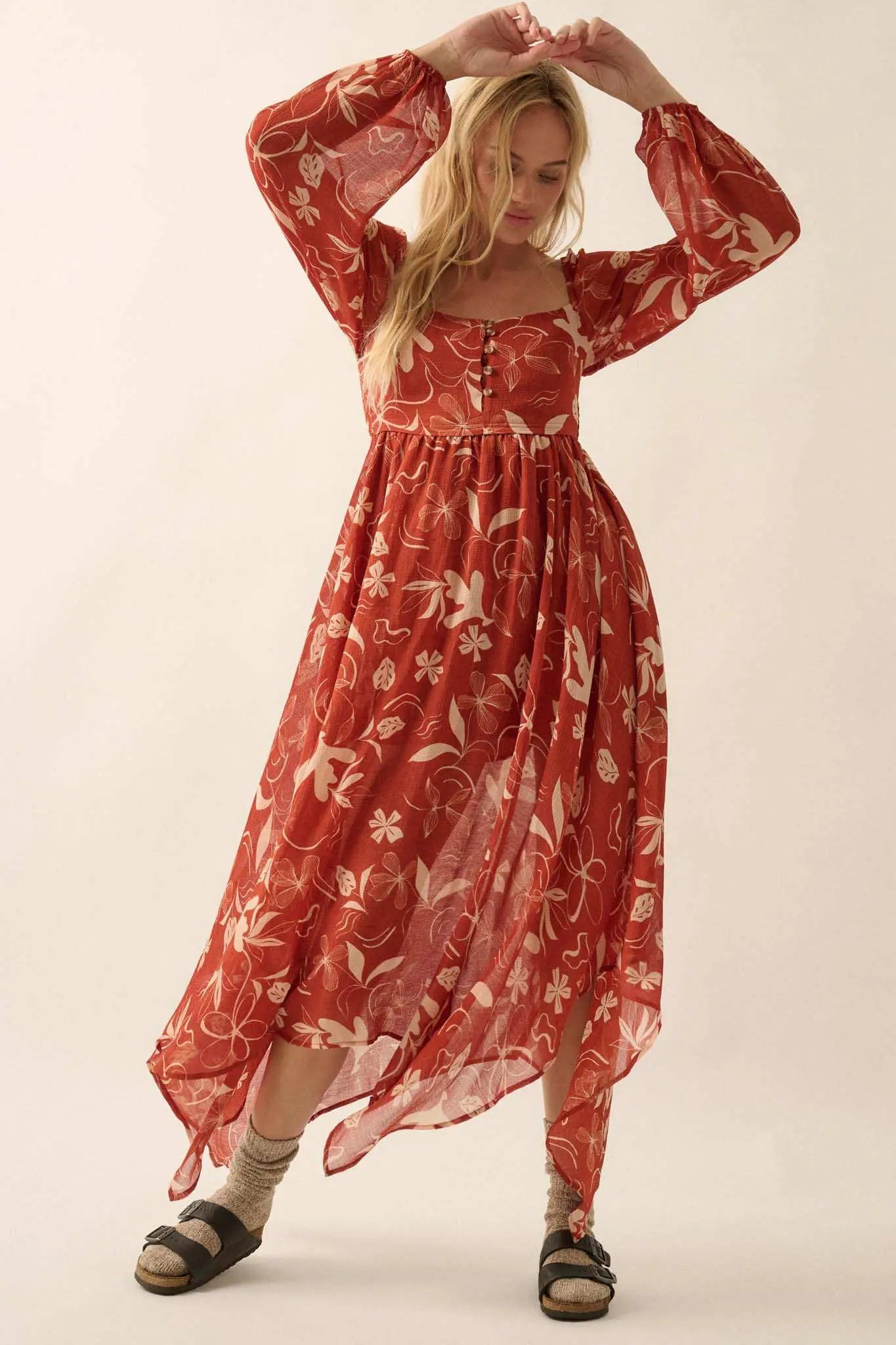 Autumn Winds Floral Chiffon Maxi Dress Rust / S Autumn Winds Floral Chiffon Maxi Dress Rust / S