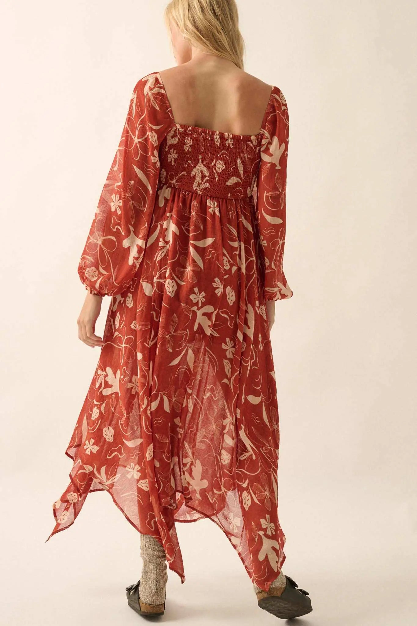 Autumn Winds Floral Chiffon Maxi Dress, Rust / S Autumn Winds Floral Chiffon Maxi Dress, Rust / S