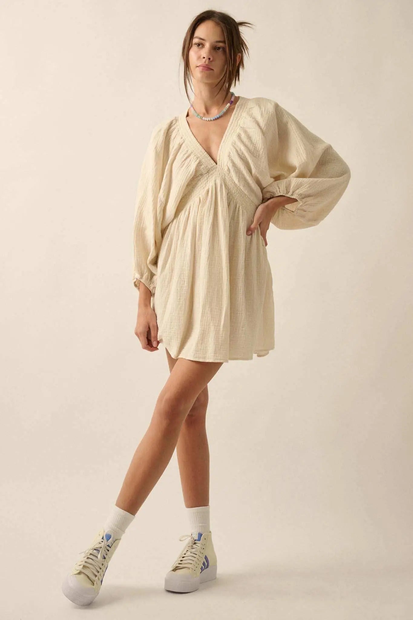 Dawn of Love Crinkle Cotton Kimono Mini Dress Soft Pink / M