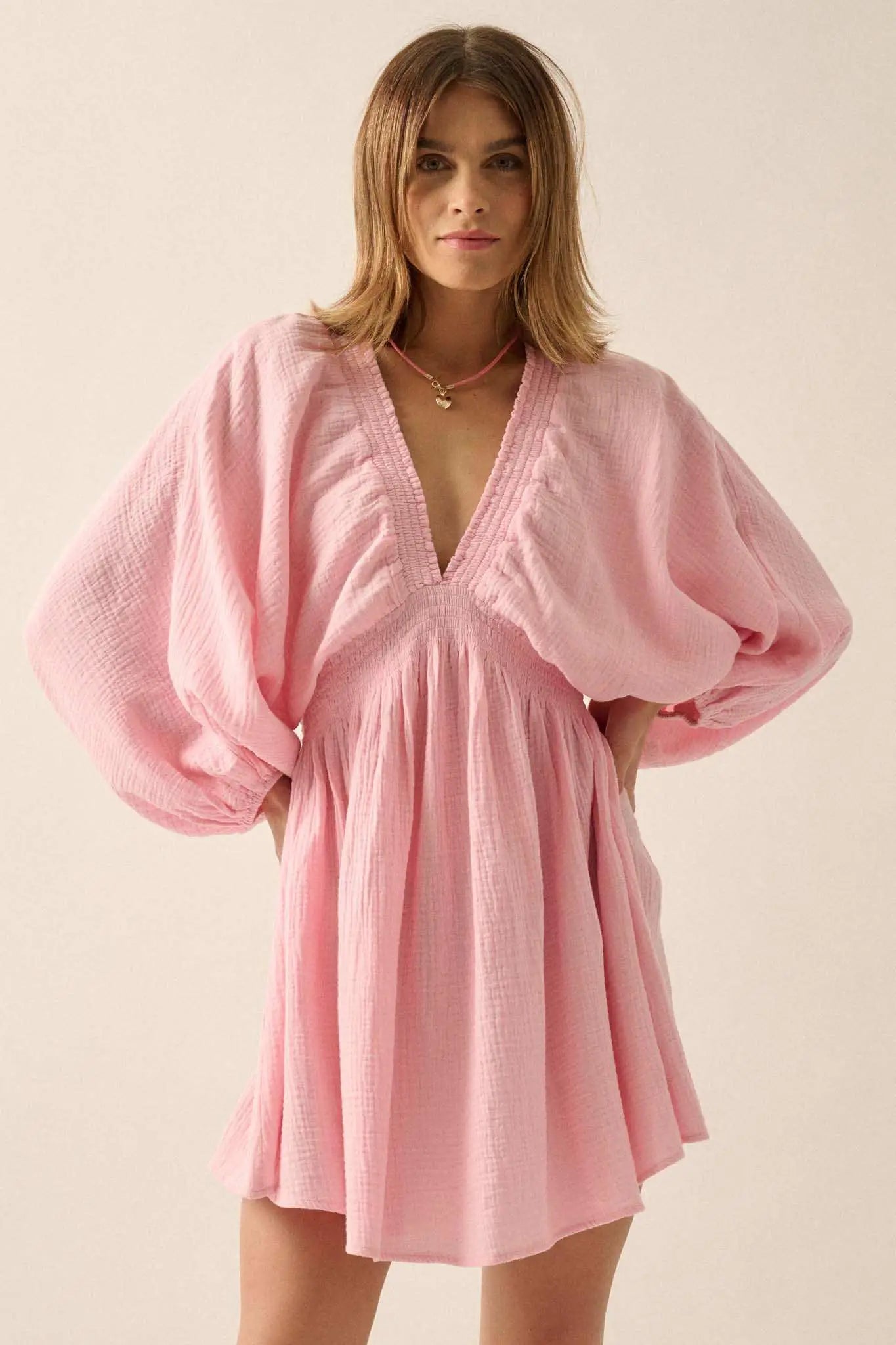 Dawn of Love Crinkle Cotton Kimono Mini Dress Soft Pink / M Dawn of Love Crinkle Cotton Kimono Mini Dress Soft Pink / M