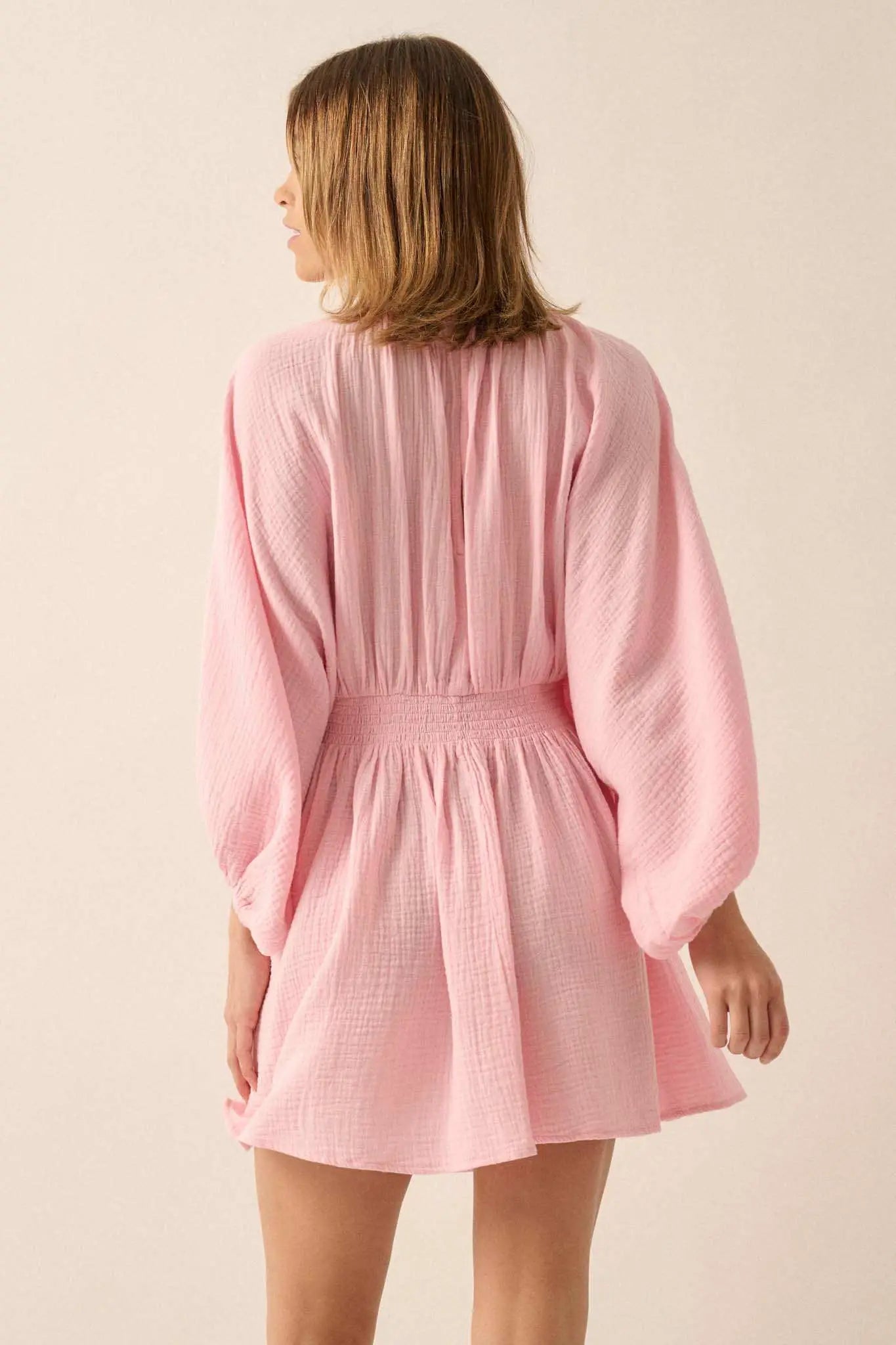 Dawn of Love Crinkle Cotton Kimono Mini Dress Soft Pink / M