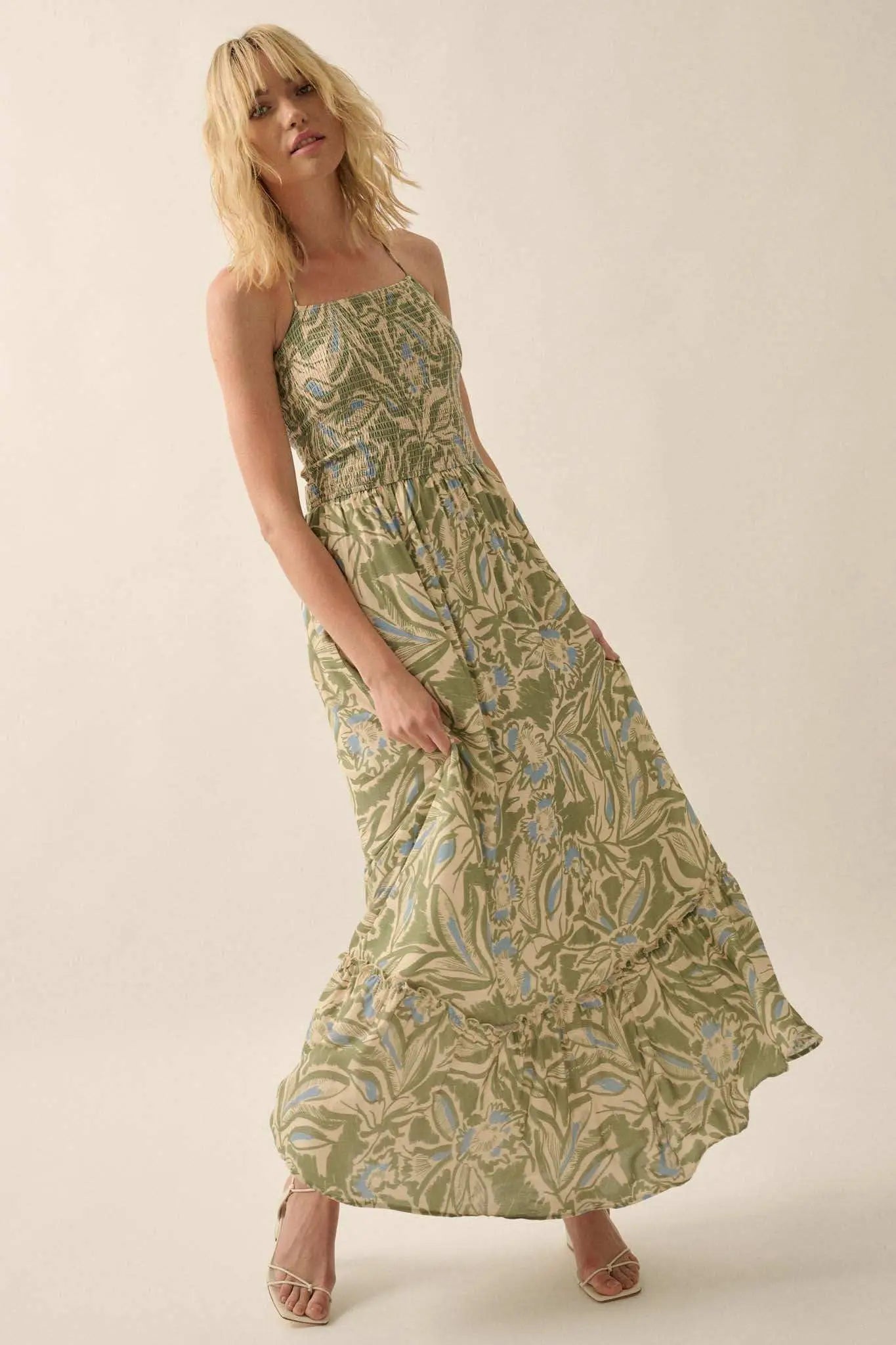 floral smocked maxi dress Baltic Born Womens Arla Smocked Maxi Dress | Cream Floral