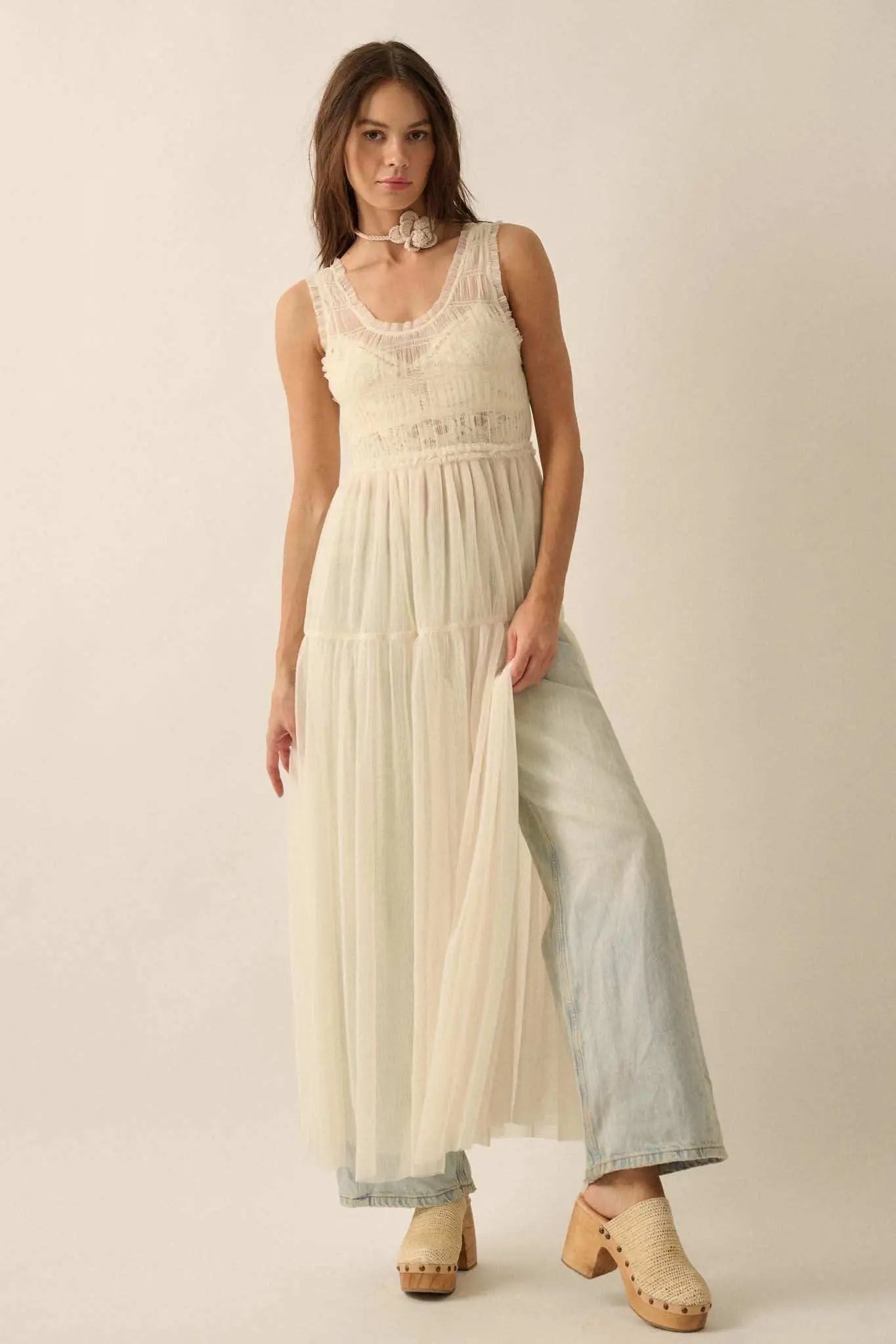 Tulle Time Sheer Smocked Tulle Maxi Dress Off White / L Tulle Time Sheer Smocked Tulle Maxi Dress Off White / L
