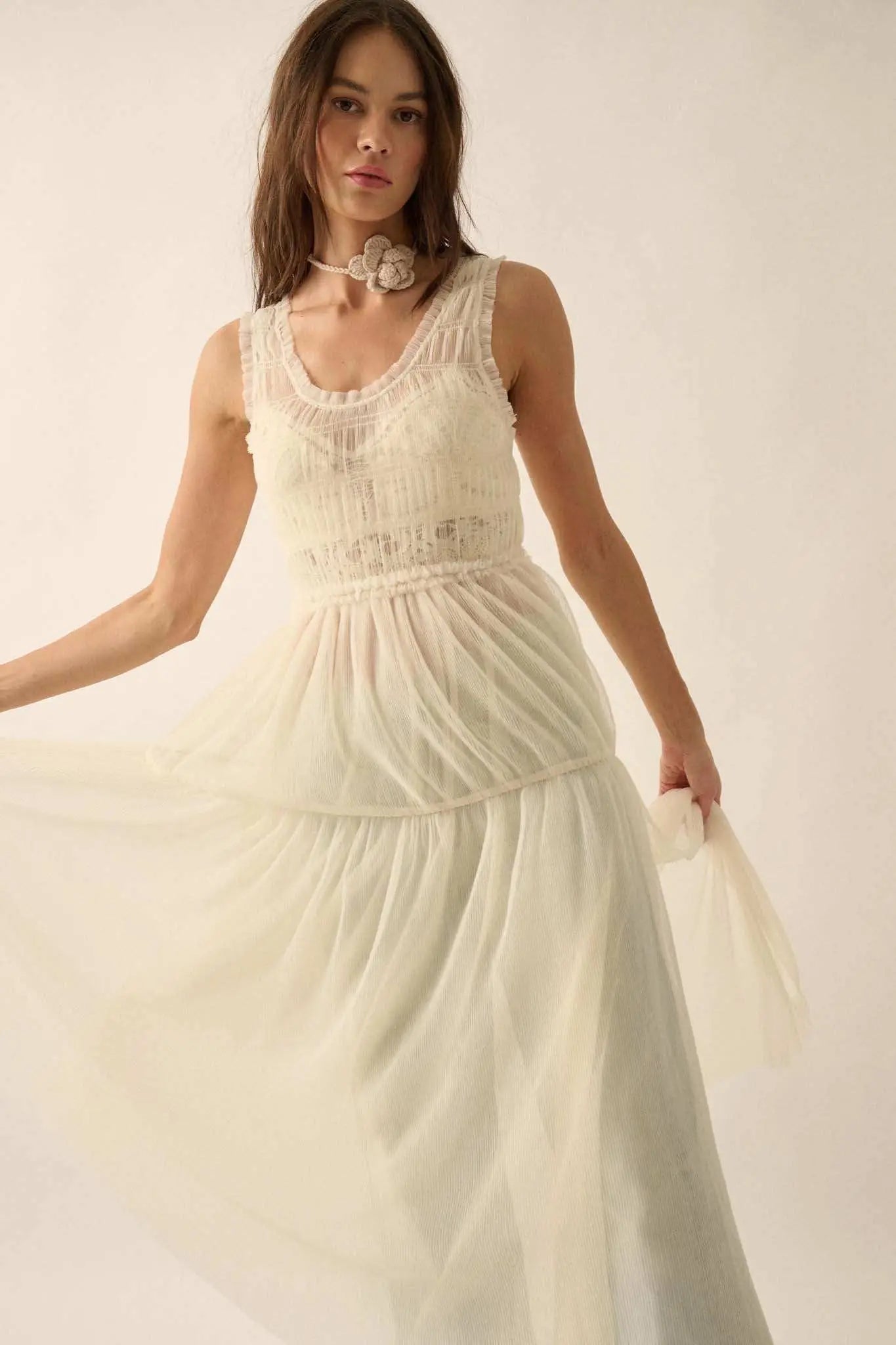 Tulle Time Sheer Smocked Tulle Maxi Dress Off White / L Tulle Time Sheer Smocked Tulle Maxi Dress Off White / L
