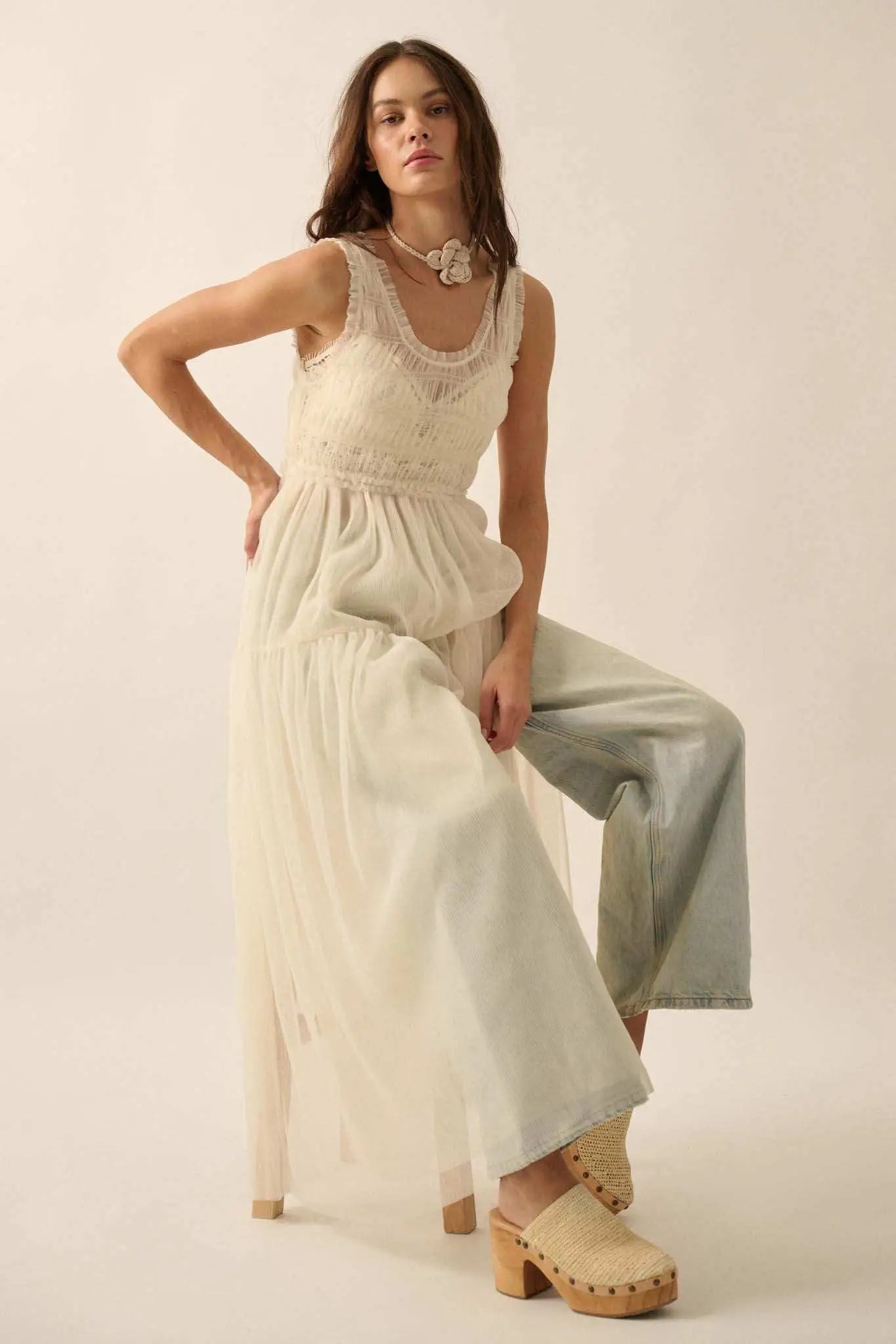 sheer tulle maxi dress Jolene Tiered Corset Tulle Maxi Dress - Off White