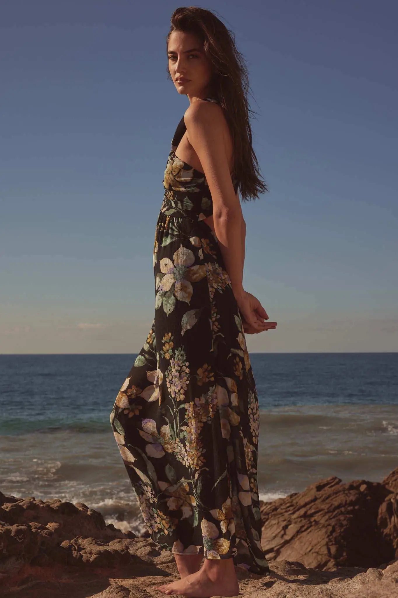 Garden Goddess Floral Chiffon Twist-Back Maxi Dress Off White & Blue / L Garden Goddess Floral Chiffon Twist-Back Maxi Dress Off White & Blue / L