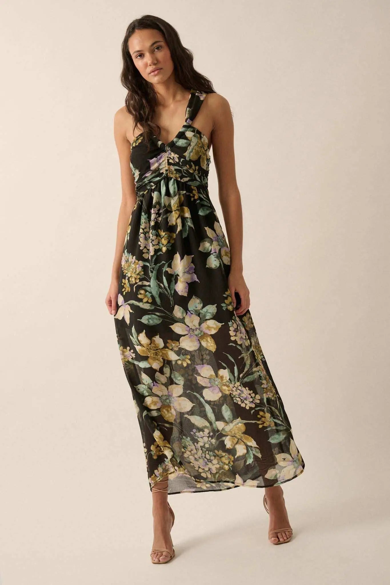 white christmas dresses Garden Goddess Floral Chiffon Twist-Back Maxi Dress, Black / L white christmas dresses Garden Goddess Floral Chiffon Twist-Back Maxi Dress, Black / L