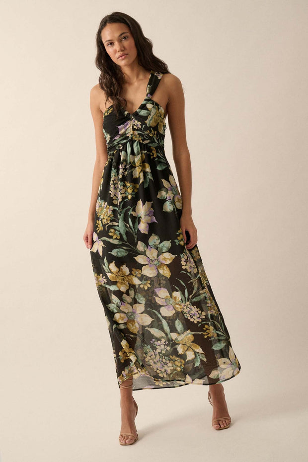 Garden Goddess Floral Chiffon Twist-Back Maxi Dress - ShopPromesa