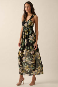 Garden Goddess Floral Chiffon Twist-Back Maxi Dress - ShopPromesa