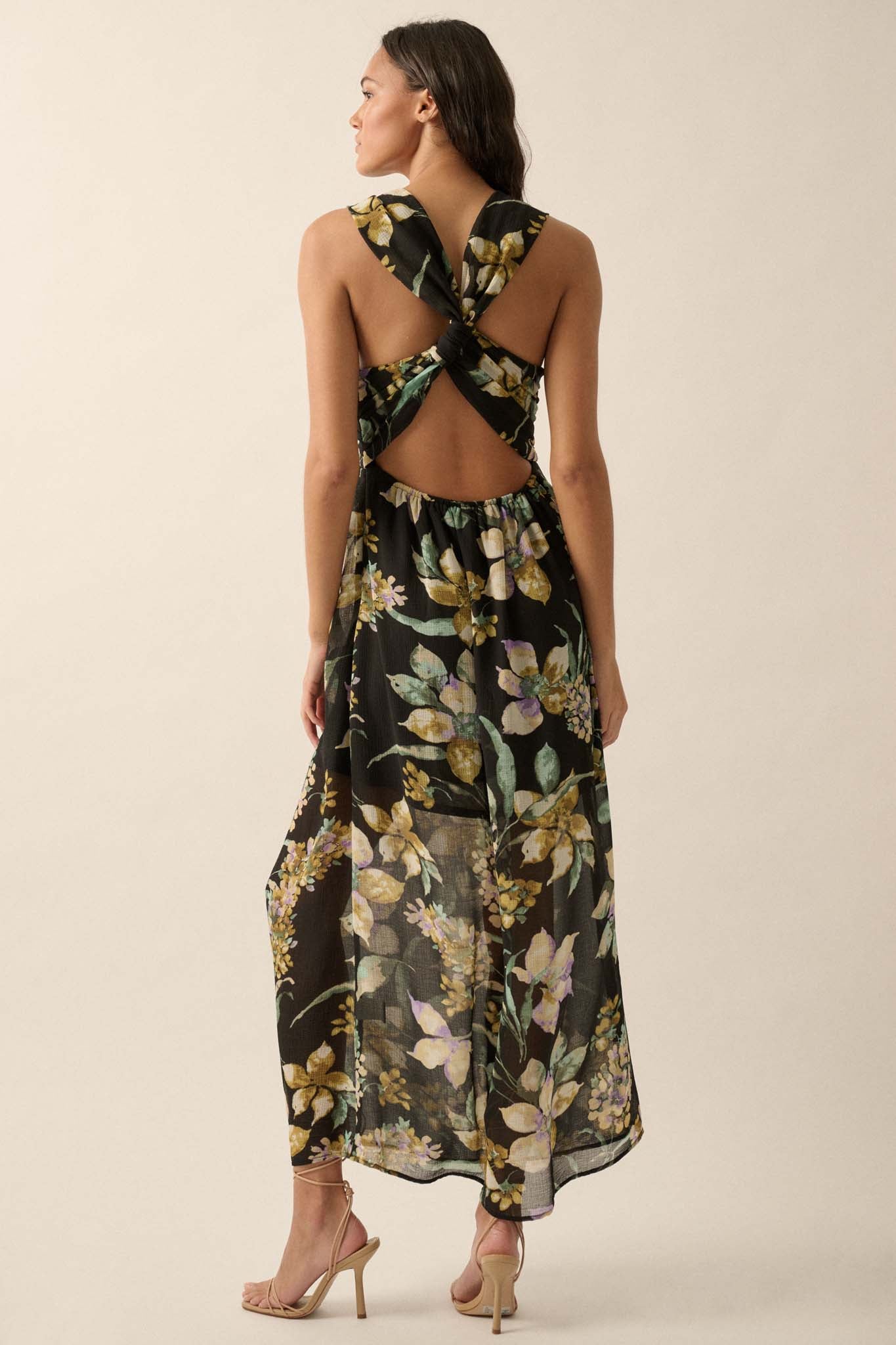 Garden Goddess Floral Chiffon Twist-Back Maxi Dress - ShopPromesa