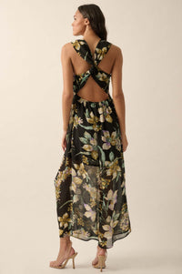 Garden Goddess Floral Chiffon Twist-Back Maxi Dress - ShopPromesa