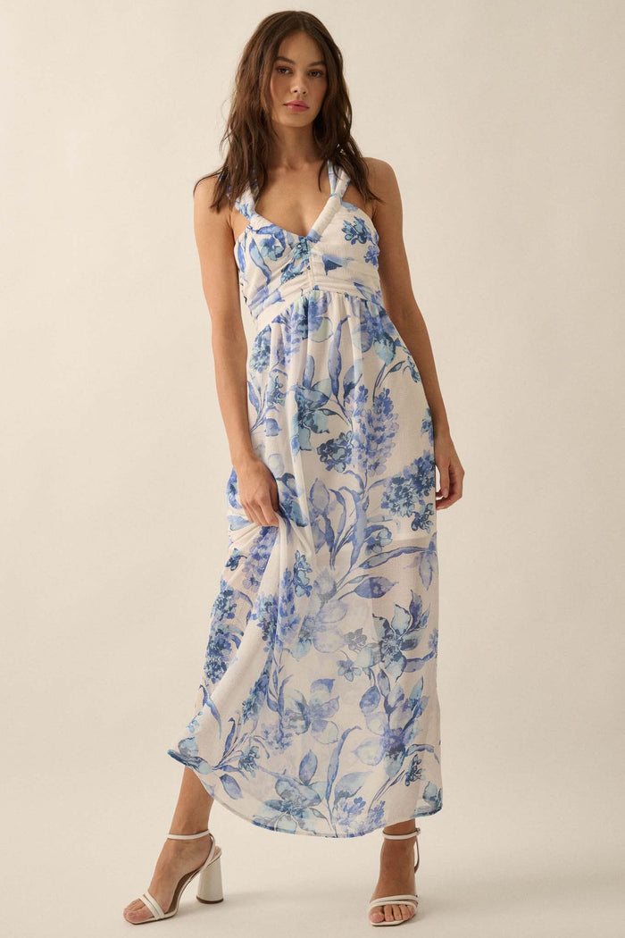 Garden Goddess Floral Chiffon Twist-Back Maxi Dress - ShopPromesa