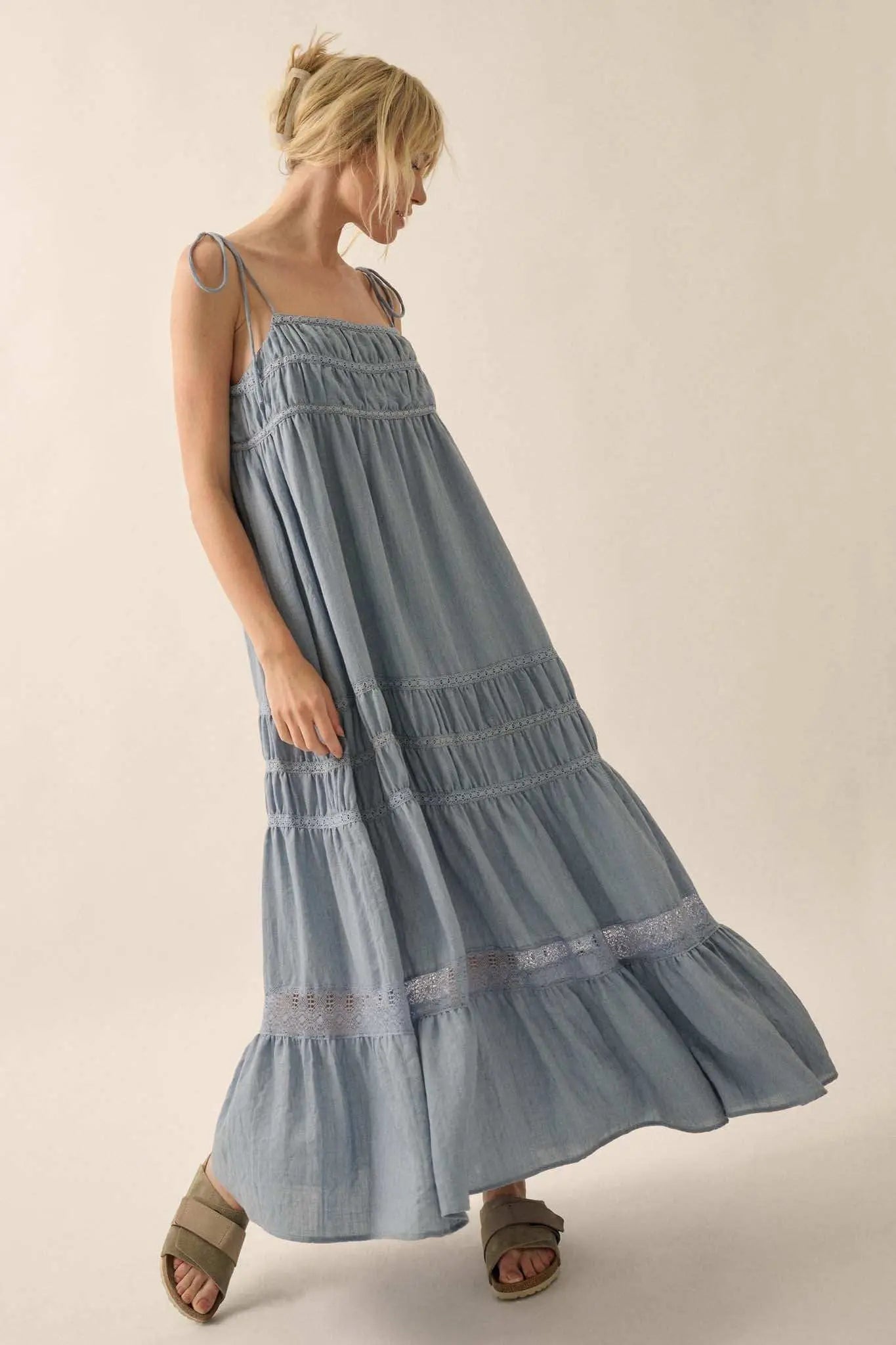 Down in the Valley Tiered Lace-Trim Maxi Dress Denim Blue / S Down in the Valley Tiered Lace-Trim Maxi Dress Denim Blue / S