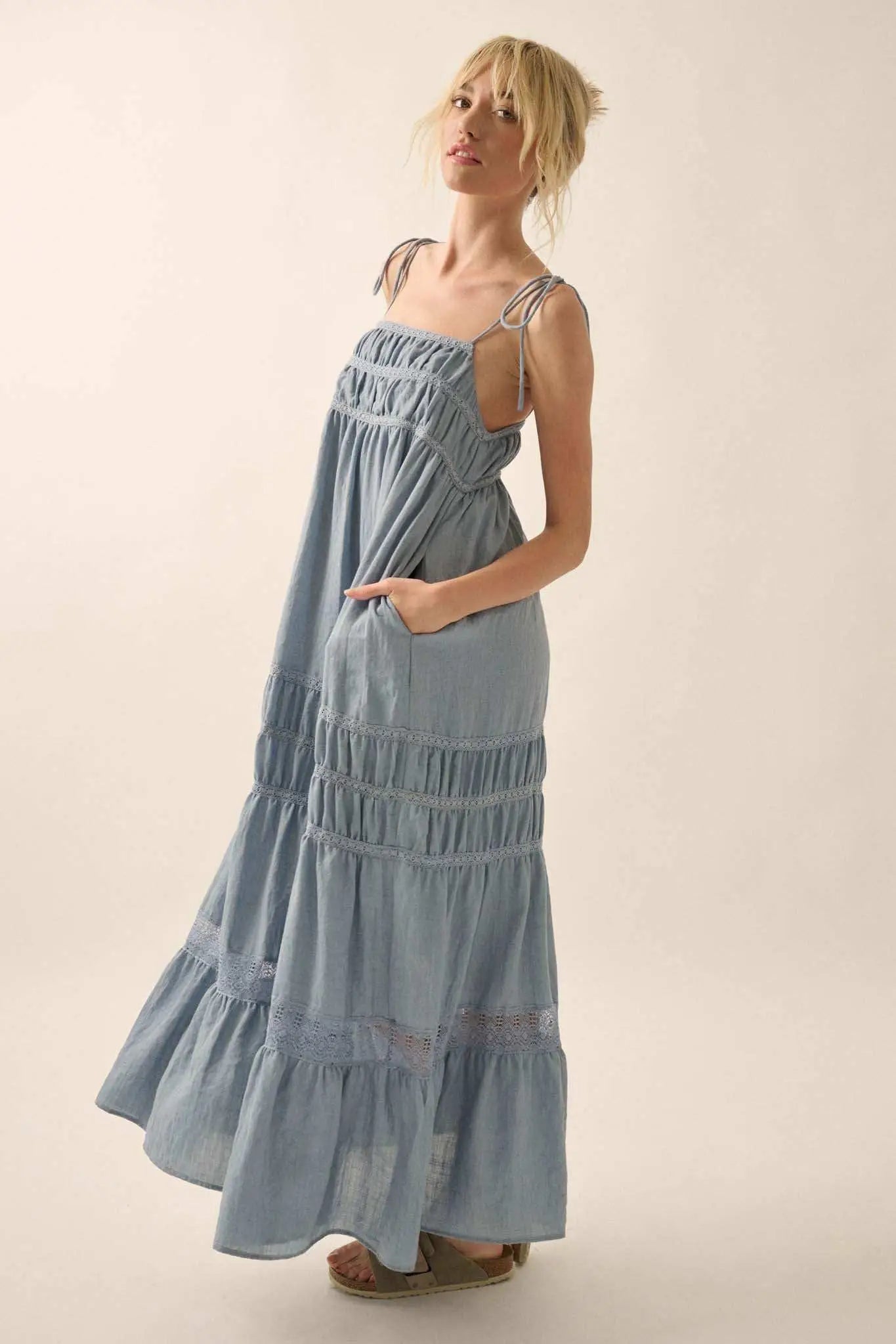 Down in The Valley Tiered Lace-Trim Maxi Dress Denim Blue / S Down in The Valley Tiered Lace-Trim Maxi Dress Denim Blue / S