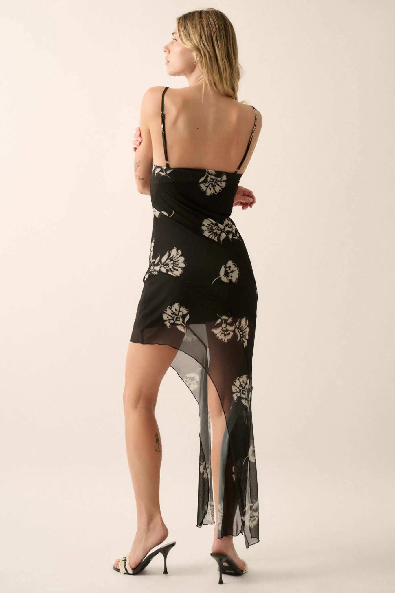 Deco Diva Floral Mesh Asymmetrical Mini Dress Black / S Deco Diva Floral Mesh Asymmetrical Mini Dress Black / S